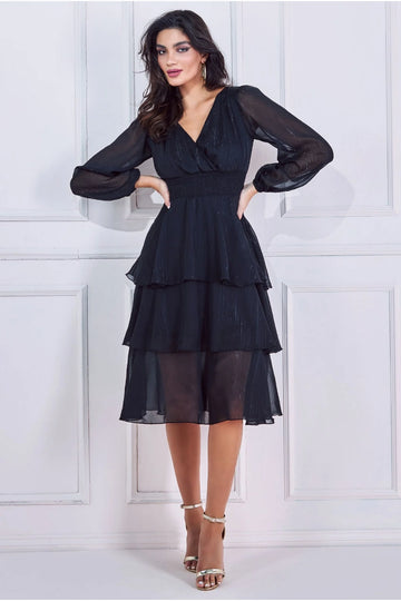 Long Sleeve Tiered Midi Dress - Black Goddiva